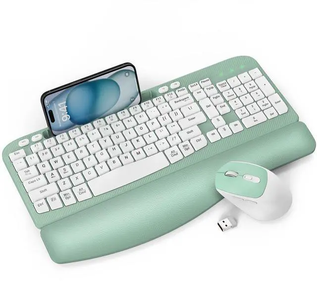 Main image of Wireless Keyboard and Mouse Combo, Full-Sized Ergonomic Wave Keys Keyboard with Memory Foam Wrist Rest & Phone Holder, 2.4G Quiet Keyboard Mouse Work Setup for PC Laptop, Office or Home (Mint Green)