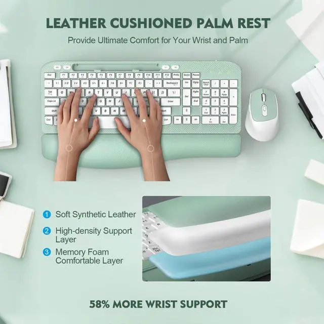 Alt view image 2 of 7 - Wireless Keyboard and Mouse Combo, Full-Sized Ergonomic Wave Keys Keyboard with Memory Foam Wrist Rest & Phone Holder, 2.4G Quiet Keyboard Mouse Work Setup for PC Laptop, Office or Home (Mint Green)