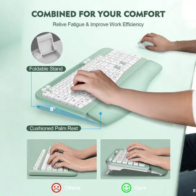 Alt view image 4 of 7 - Wireless Keyboard and Mouse Combo, Full-Sized Ergonomic Wave Keys Keyboard with Memory Foam Wrist Rest & Phone Holder, 2.4G Quiet Keyboard Mouse Work Setup for PC Laptop, Office or Home (Mint Green)