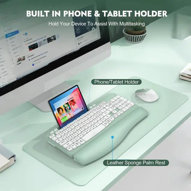 Alt view image 5 of 7 - Wireless Keyboard and Mouse Combo, Full-Sized Ergonomic Wave Keys Keyboard with Memory Foam Wrist Rest & Phone Holder, 2.4G Quiet Keyboard Mouse Work Setup for PC Laptop, Office or Home (Mint Green)