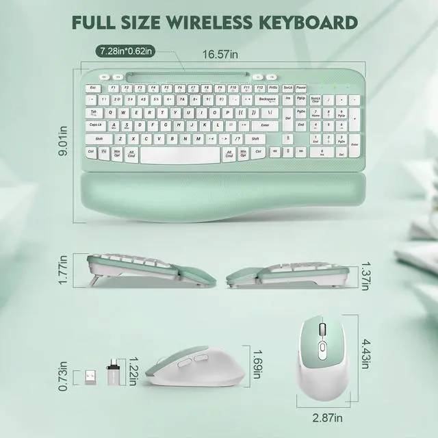 Alt view image 3 of 7 - Wireless Keyboard and Mouse Combo, Full-Sized Ergonomic Wave Keys Keyboard with Memory Foam Wrist Rest & Phone Holder, 2.4G Quiet Keyboard Mouse Work Setup for PC Laptop, Office or Home (Mint Green)