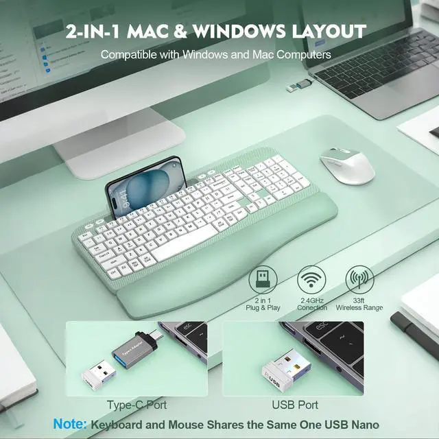 Alt view image 6 of 7 - Wireless Keyboard and Mouse Combo, Full-Sized Ergonomic Wave Keys Keyboard with Memory Foam Wrist Rest & Phone Holder, 2.4G Quiet Keyboard Mouse Work Setup for PC Laptop, Office or Home (Mint Green)