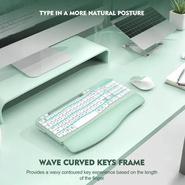 Alt view image 7 of 7 - Wireless Keyboard and Mouse Combo, Full-Sized Ergonomic Wave Keys Keyboard with Memory Foam Wrist Rest & Phone Holder, 2.4G Quiet Keyboard Mouse Work Setup for PC Laptop, Office or Home (Mint Green)