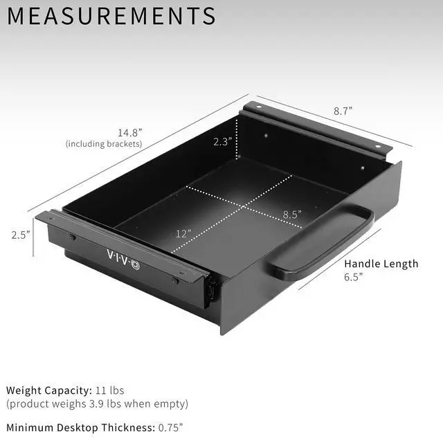 Alt view image 4 of 7 - inch Under Desk Mounted Sliding Pull-out Drawer for Office Desk, Pull Handle, Storage Organizer for Sit Stand Workstation, Black, DESK-DR1H-B