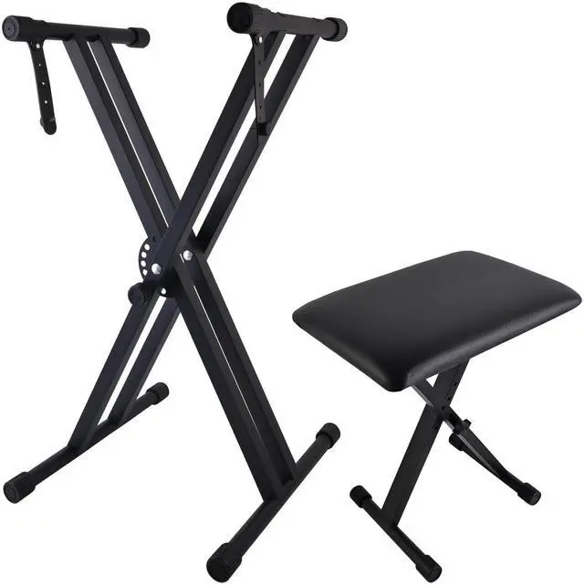 Main image of Piano Keyboard Stand and Bench Set, Double-X Keyboard Stand Adjustable Digital Piano Stand with Lockable Straps, (Piano Keyboard Stand x 1, Piano Bench x 1), Black