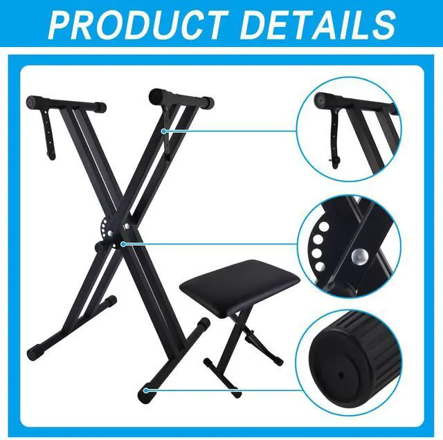 Alt view image 4 of 7 - Piano Keyboard Stand and Bench Set, Double-X Keyboard Stand Adjustable Digital Piano Stand with Lockable Straps, (Piano Keyboard Stand x 1, Piano Bench x 1), Black