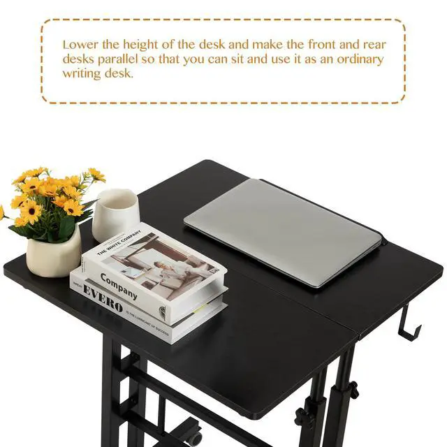 Alt view image 4 of 7 - Mobile Standing Desk, Portable Stand Up, Small Adjustable Converter with Wheels Home Office Workstation, Rolling Desk Laptop Cart for Standing or Sitting, Black