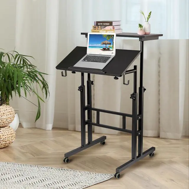Alt view image 6 of 7 - Mobile Standing Desk, Portable Stand Up, Small Adjustable Converter with Wheels Home Office Workstation, Rolling Desk Laptop Cart for Standing or Sitting, Black