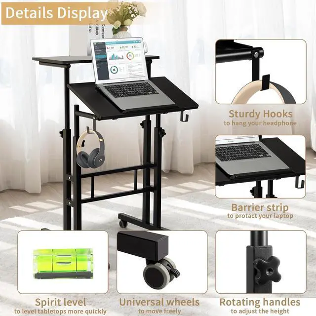 Alt view image 5 of 7 - Mobile Standing Desk, Portable Stand Up, Small Adjustable Converter with Wheels Home Office Workstation, Rolling Desk Laptop Cart for Standing or Sitting, Black