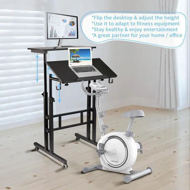 Alt view image 3 of 7 - Mobile Standing Desk, Portable Stand Up, Small Adjustable Converter with Wheels Home Office Workstation, Rolling Desk Laptop Cart for Standing or Sitting, Black