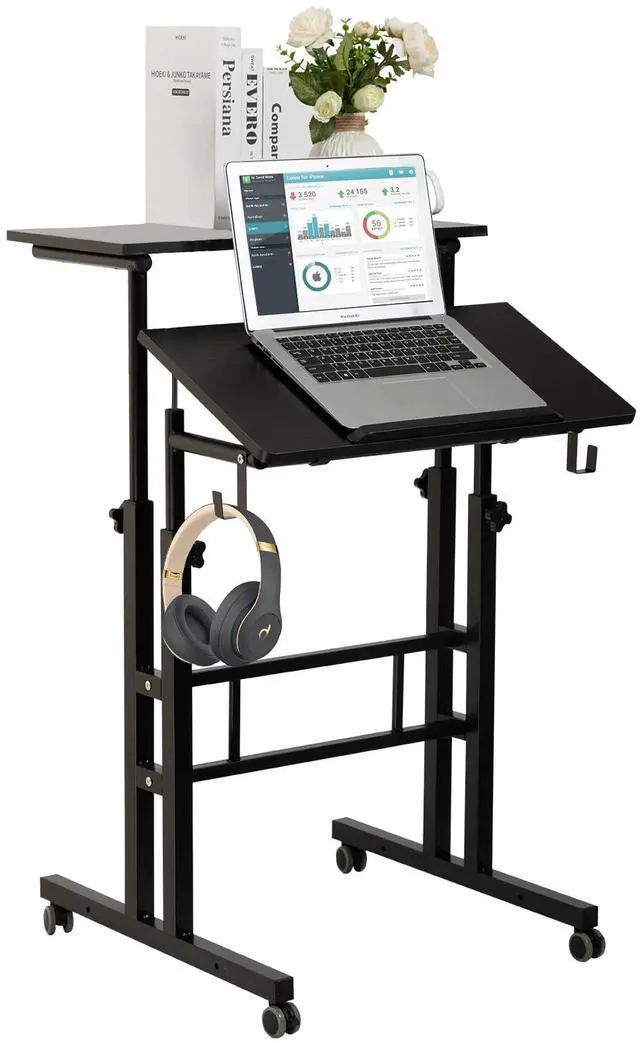 Main image of Mobile Standing Desk, Portable Stand Up, Small Adjustable Converter with Wheels Home Office Workstation, Rolling Desk Laptop Cart for Standing or Sitting, Black