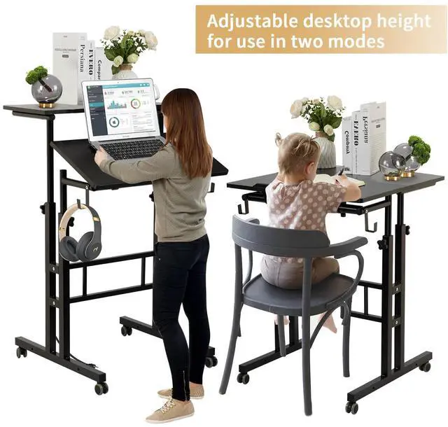Alt view image 2 of 7 - Mobile Standing Desk, Portable Stand Up, Small Adjustable Converter with Wheels Home Office Workstation, Rolling Desk Laptop Cart for Standing or Sitting, Black
