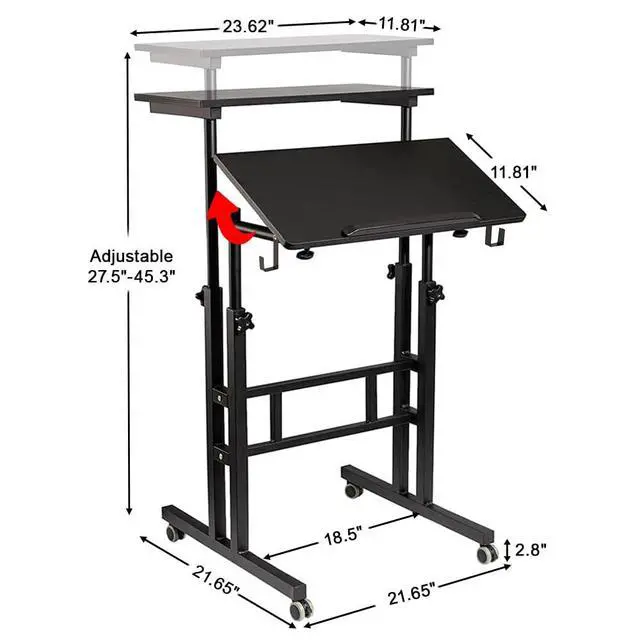 Alt view image 7 of 7 - Mobile Standing Desk, Portable Stand Up, Small Adjustable Converter with Wheels Home Office Workstation, Rolling Desk Laptop Cart for Standing or Sitting, Black