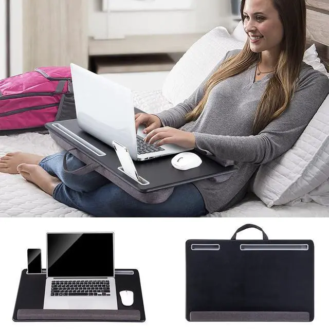 Alt view image 4 of 6 - Extra Large Lap Laptop Desk - Full PU Material Mouse Pad Gaming Tray - Portable LapDesk with Phone Holder & Wrist Rest for Notebook, MacBook, Tablet, Bed, Sofa(Black, Fit Up 17.3-in Laptops)