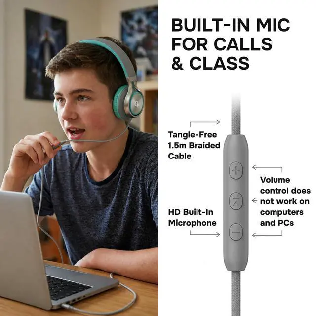 Alt view image 5 of 7 - Adults & Kids Headphones with Cord, Microphone & Volume Control - Wired Headphones with Mic, Plug In Teens Corded Head phones Wire for Laptop, Computer, Chromebook, iPad & Tablet 3.5mm Aux