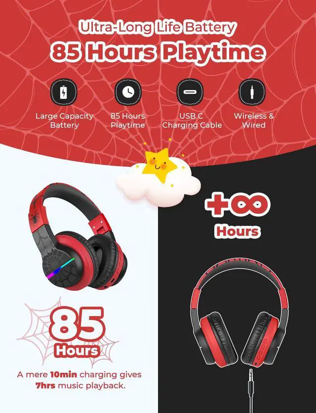 Alt view image 4 of 7 - Kids Bluetooth Headphones 85H Playtime with LED Lights Travel