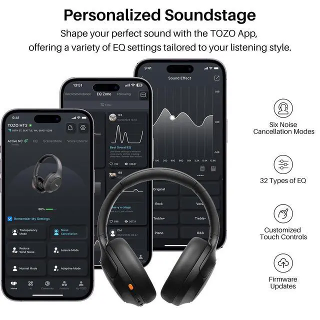 Alt view image 7 of 7 - HT3 Hybrid Noise Cancelling Wireless Headphones, 90H Over Ear Headset