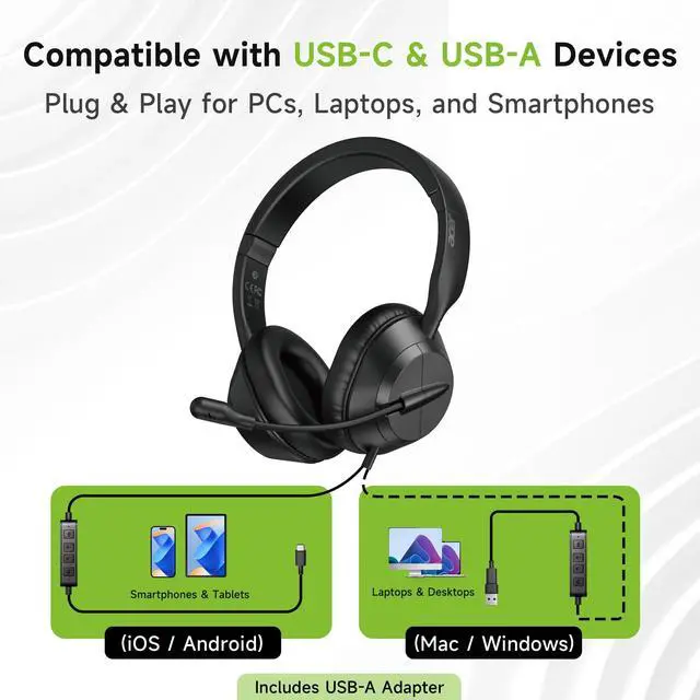 Alt view image 2 of 7 - Headset with Microphone for PC, ENC Noise-Cancelling Mic, USB-C/USB-A
