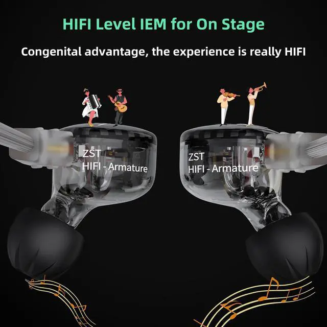 Alt view image 3 of 7 - Hybrid Banlance Armature with Dynamic in-Ear Earphone 1BA+1DD HiFi Headset Wired Earbuds IEM Headphones Gaming Earbuds (Black-zst Without Microphone)