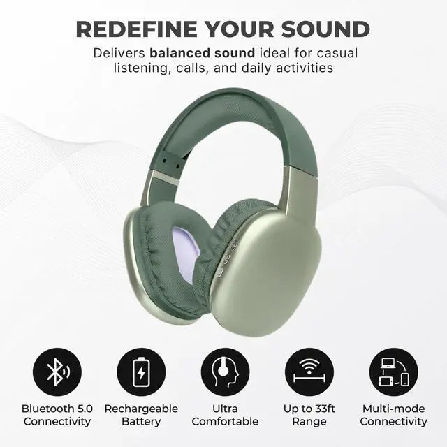 Alt view image 3 of 7 - Ultra Wireless Over-Ear Bluetooth Headphones with Mic, 10H Playtime, Bluetooth Headset with Backup Wire & SD Slot, Wireless Headphones for Work, School & Gym (Green)