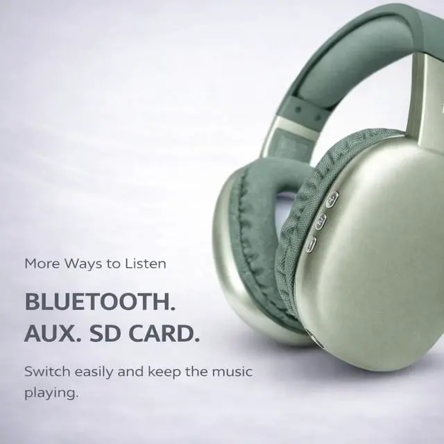 Alt view image 7 of 7 - Ultra Wireless Over-Ear Bluetooth Headphones with Mic, 10H Playtime, Bluetooth Headset with Backup Wire & SD Slot, Wireless Headphones for Work, School & Gym (Green)