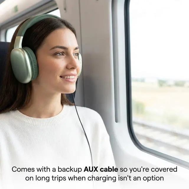 Alt view image 6 of 7 - Ultra Wireless Over-Ear Bluetooth Headphones with Mic, 10H Playtime, Bluetooth Headset with Backup Wire & SD Slot, Wireless Headphones for Work, School & Gym (Green)