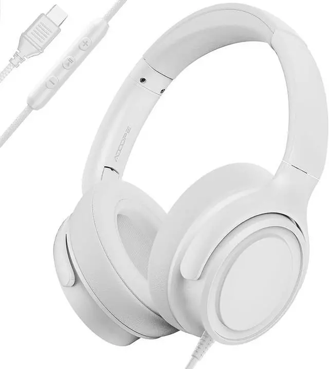 Main image of Wired Over-Ear Headphones with USB C Connector, Hi-Fi Stereo Sound, Noise-Isolating Ear Cups, Comfortable Fit for USB C Devices (White, No Bag)