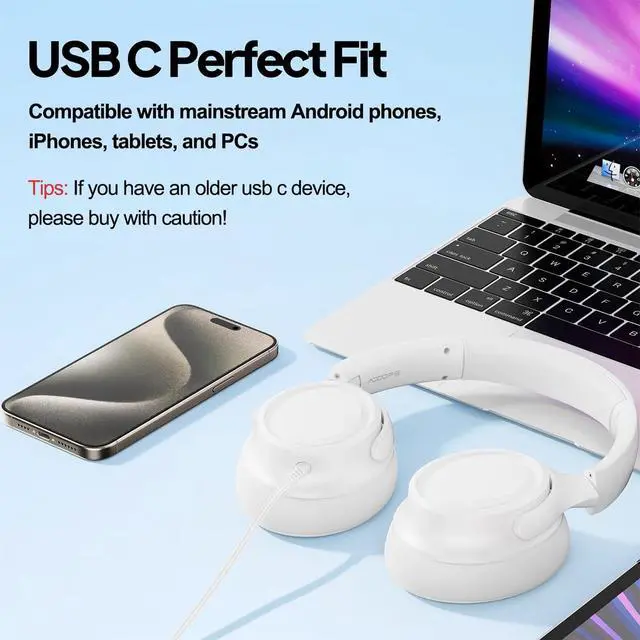 Alt view image 3 of 7 - Wired Over-Ear Headphones with USB C Connector, Hi-Fi Stereo Sound, Noise-Isolating Ear Cups, Comfortable Fit for USB C Devices (White, No Bag)