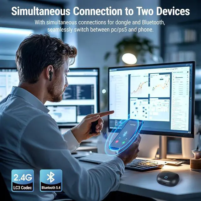 Alt view image 3 of 7 - Wireless Gaming Earbuds with Mic, Compatible with PC PS5 PS4 Desktop VR, Computer Headphones, 2.4G Dongle & Bluetooth 5.4 Dual-Mode, 4 Built-in Microphones, 20ms Low Latency