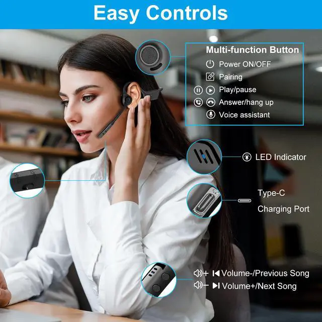 Alt view image 4 of 7 - Open-Ear Headphones Bluetooth 5.1 with ENC Noise Canceling Mic | Wireless Headset with Air Conduction & Mute Button Truck Driver Earphones, 10Hrs Battery for Work Driving Work Calls Meetings