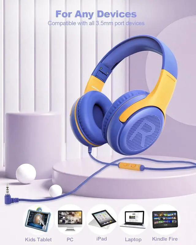Alt view image 5 of 7 - Kids Headphones Wired with Microphone for ipad Computer Laptop for Boys Girls Volume Limit Foldable Over Ear Headset for School 3.5mm Jack