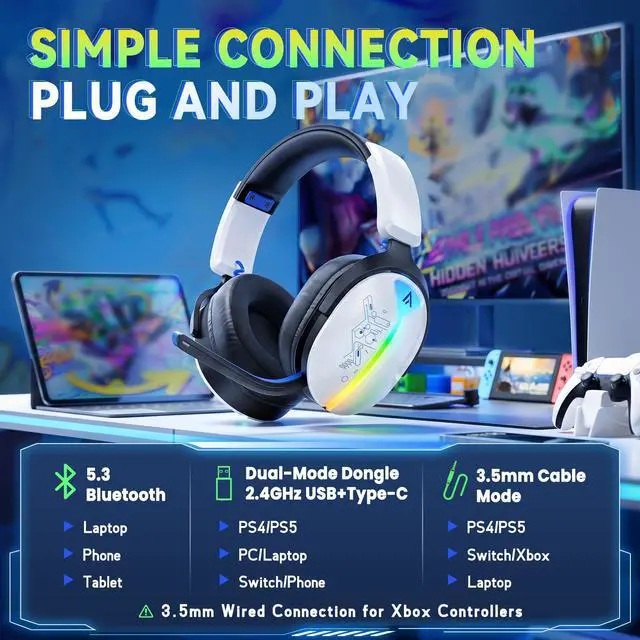 Alt view image 5 of 7 - 3-in-1 Wireless Gaming Headset, Mirror Gloss, 50mm Drivers, 7.1 Surround