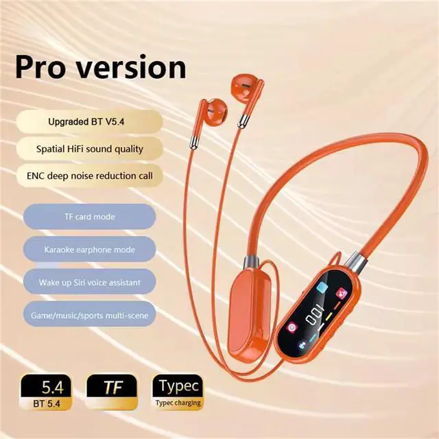 Alt view image 2 of 4 - Wireless Neckband Earphones with LED BT5.4 20H Play time Water Resistant Noise Cancelling for Sports and Gaming (Orange)