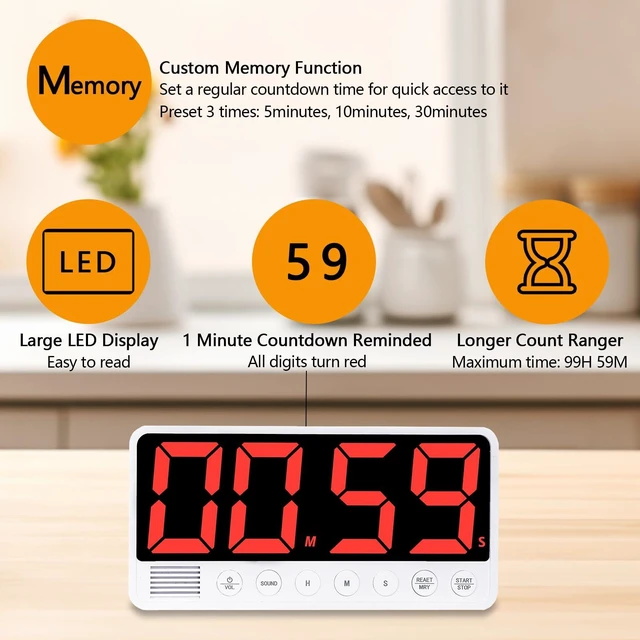 Alt view image 2 of 7 - Digital Kitchen Timer - 7.1 Extra Large Display LED Countdown Timer | Rechargeable Magnetic Back, 6 Alarms 4 Levels Volume, 3Memory Presets, Max 99Hrs, On/Off, Automatic Off for Classroom Kitchen