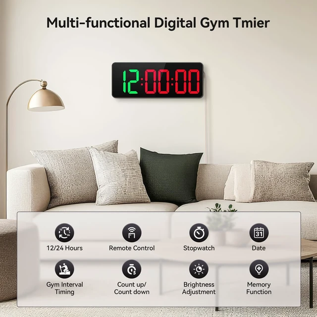 Alt view image 4 of 7 - Gym Timer Clock Large Display, 12" LED Exercise Workout Interval Timer with Remote for Boxing Tabata/FGB/EMOM,Countdown/Up,Stopwatch Clock for Sports,Home Gym,Yoga,Garage,Office,Classroom