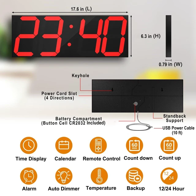 Alt view image 2 of 7 - LED Large Digital Wall Clock, Oversize Wall Clock with 6 Numbers, Remote Control Count up/Countdown Timer Clock, Auto Dimmer, Big Calendar and Thermometer(Red)