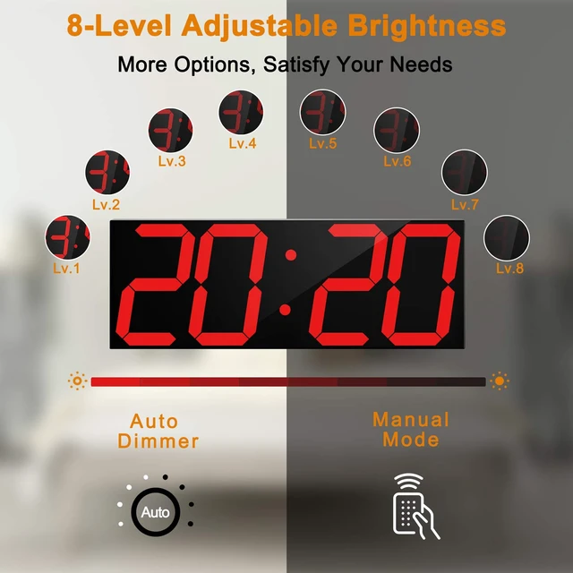 Alt view image 3 of 7 - LED Large Digital Wall Clock, Oversize Wall Clock with 6 Numbers, Remote Control Count up/Countdown Timer Clock, Auto Dimmer, Big Calendar and Thermometer(Red)