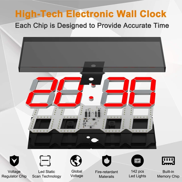 Alt view image 6 of 7 - LED Large Digital Wall Clock, Oversize Wall Clock with 6 Numbers, Remote Control Count up/Countdown Timer Clock, Auto Dimmer, Big Calendar and Thermometer(Red)