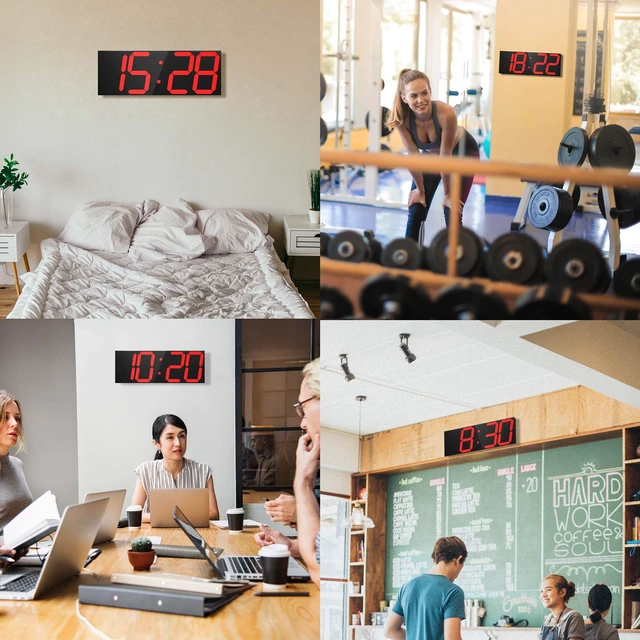 Alt view image 7 of 7 - LED Large Digital Wall Clock, Oversize Wall Clock with 6 Numbers, Remote Control Count up/Countdown Timer Clock, Auto Dimmer, Big Calendar and Thermometer(Red)
