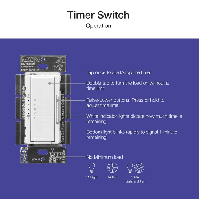 Alt view image 3 of 7 - Maestro Countdown Timer Switch for Fans and Lights, 3A Fan/150W LED, Single-Pole/Multi-Location, White (MA-T51MNBG-WH)