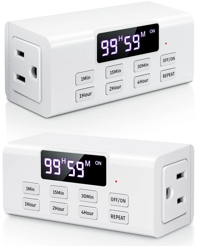 Main image of 2-Pack Countdown Timer Outlet, Digital Dual Plug with Large LCD | Up to 99 Hours, Repeat Function & Auto Shut Off, Electric Timers for Charger, Lights, Vacation Security & Home Appliances