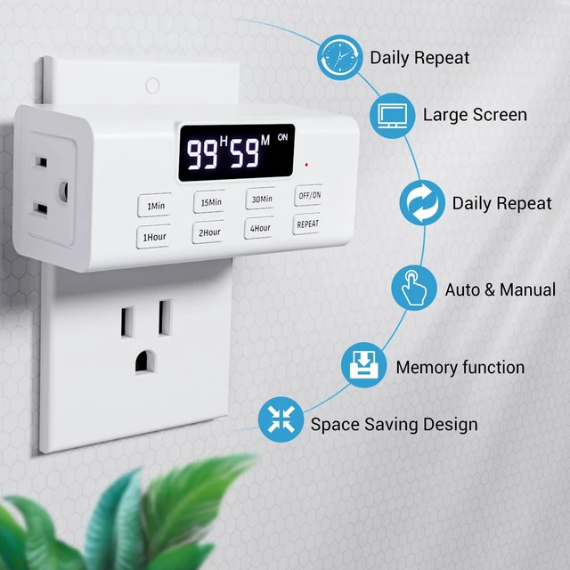 Alt view image 2 of 7 - 2-Pack Countdown Timer Outlet, Digital Dual Plug with Large LCD | Up to 99 Hours, Repeat Function & Auto Shut Off, Electric Timers for Charger, Lights, Vacation Security & Home Appliances