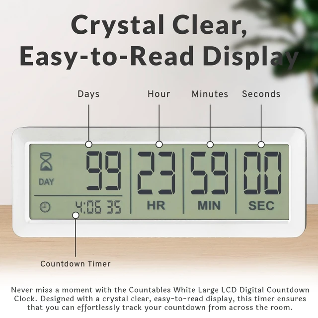 Alt view image 2 of 6 - Large LCD Digital Countdown Timer - Up to 999 Days Big Display Count Down Clock for Retirement, Wedding, Birthday, Holiday & All Events (White)
