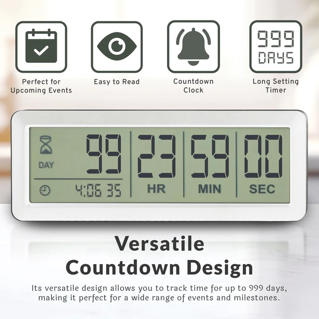 Alt view image 3 of 6 - Large LCD Digital Countdown Timer - Up to 999 Days Big Display Count Down Clock for Retirement, Wedding, Birthday, Holiday & All Events (White)