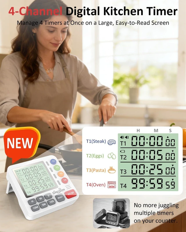 Alt view image 2 of 7 - Digital Kitchen Timer with 4 Channel, Loud Alarm and Silent Mode | Magnetic Cooking Timer with Count Up & Countdown for Kids and Seniors, Large Display to Read, Auto Memory, Battery Included