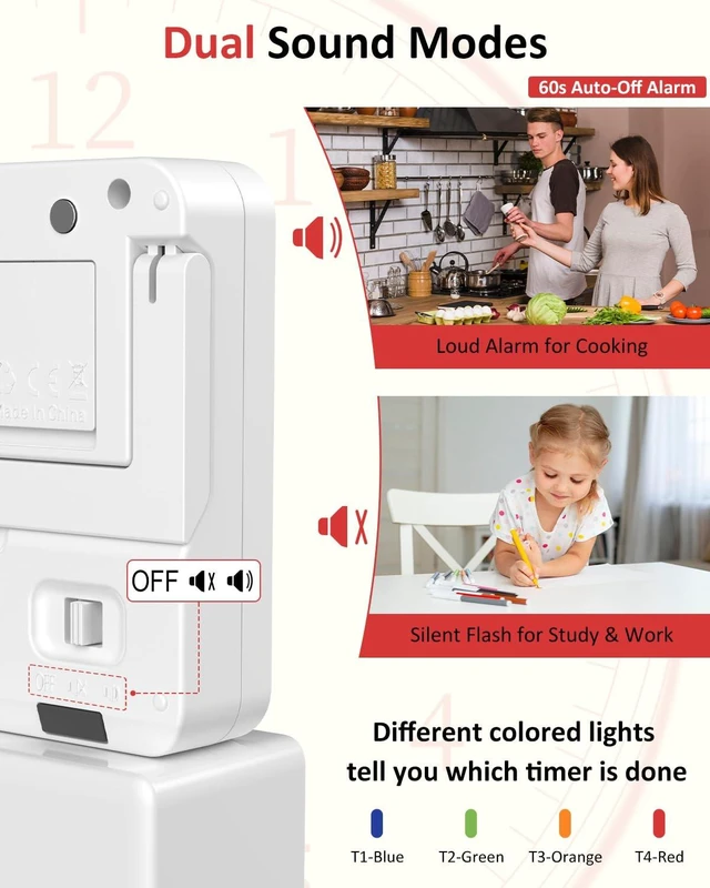 Alt view image 5 of 7 - Digital Kitchen Timer with 4 Channel, Loud Alarm and Silent Mode | Magnetic Cooking Timer with Count Up & Countdown for Kids and Seniors, Large Display to Read, Auto Memory, Battery Included