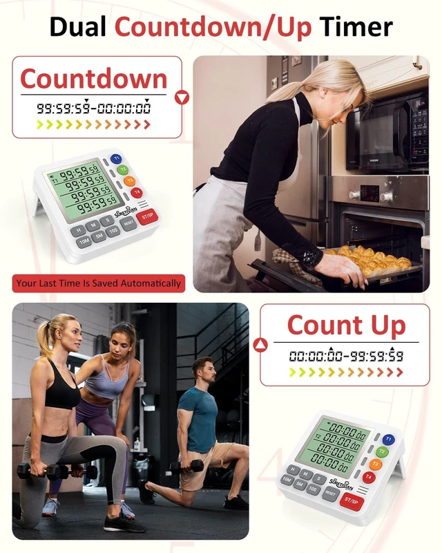 Alt view image 6 of 7 - Digital Kitchen Timer with 4 Channel, Loud Alarm and Silent Mode | Magnetic Cooking Timer with Count Up & Countdown for Kids and Seniors, Large Display to Read, Auto Memory, Battery Included
