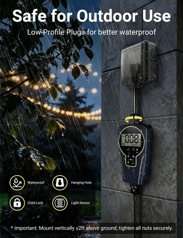 Alt view image 6 of 7 - 1 s to 999 h Interval, Short/Long On-Off Repeat Cycle Timer Plug Outlet with Countdown and Light Sensor, Waterproof for Outdoor,15A 1HP