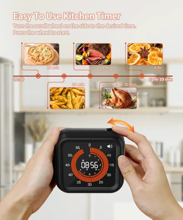 Alt view image 3 of 7 - Digital Magnetic Visual Kitchen Timer, Up to 11H 59M Countdown & Count Up | USB-C Rechargeable, Large VA Display, Adjustable Volume and Brightness, Memory Recall Function for Kitchen, Classroom, Study