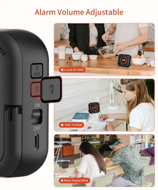 Alt view image 6 of 7 - Digital Magnetic Visual Kitchen Timer, Up to 11H 59M Countdown & Count Up | USB-C Rechargeable, Large VA Display, Adjustable Volume and Brightness, Memory Recall Function for Kitchen, Classroom, Study